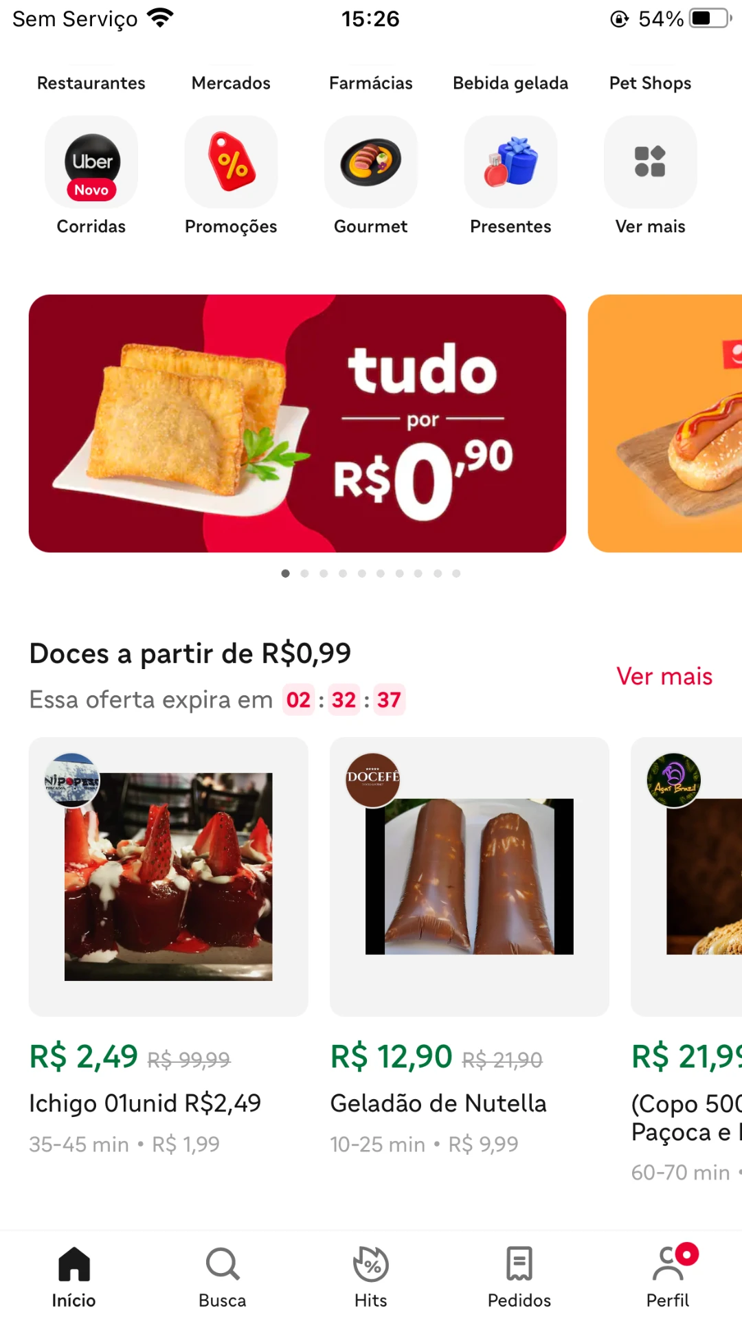 Tela do app com promoções, tudo por R$0,90 e doces a partir de R$0,99