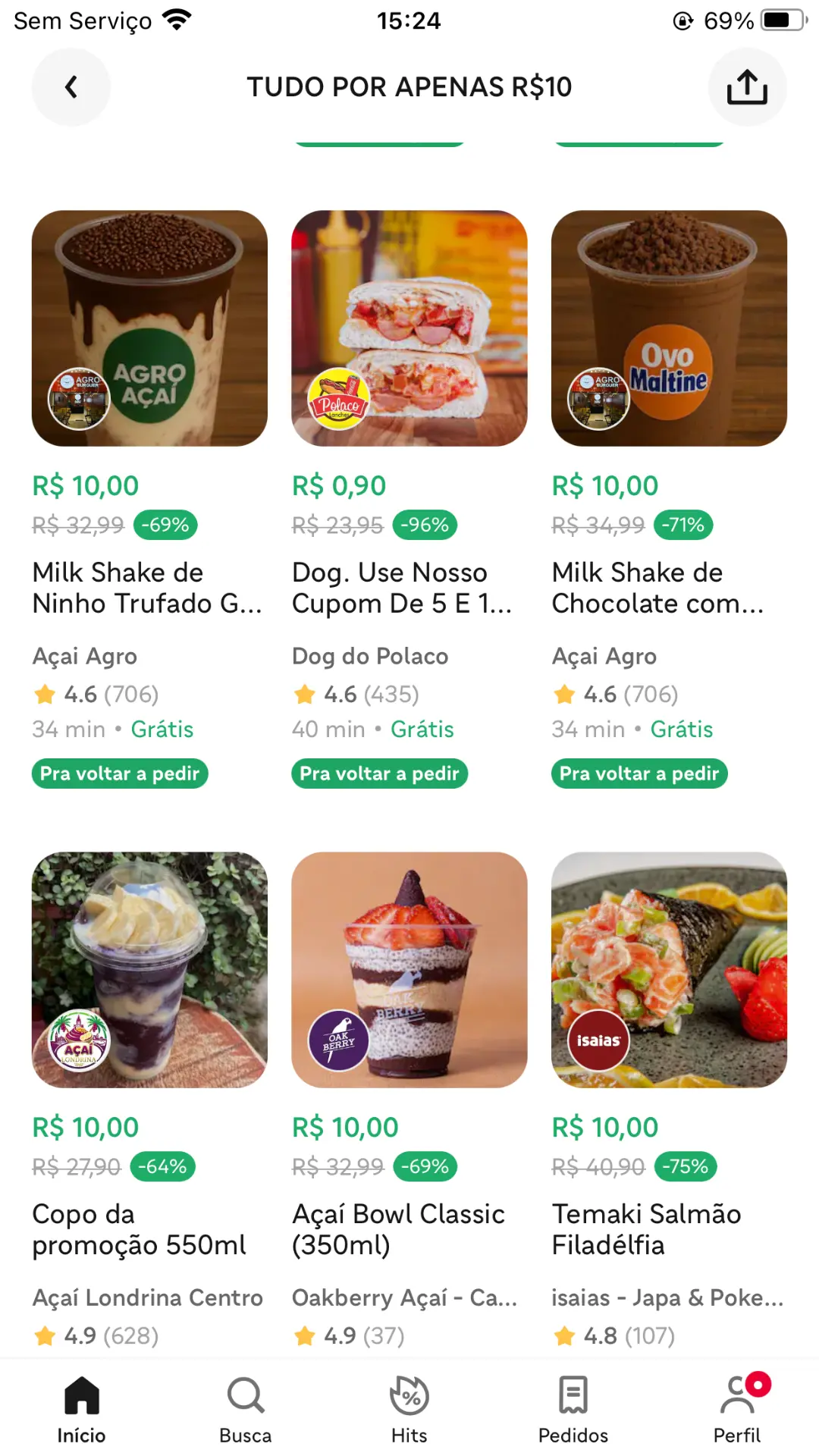 Tela do app com itens por R$10 e descontos de até 96%