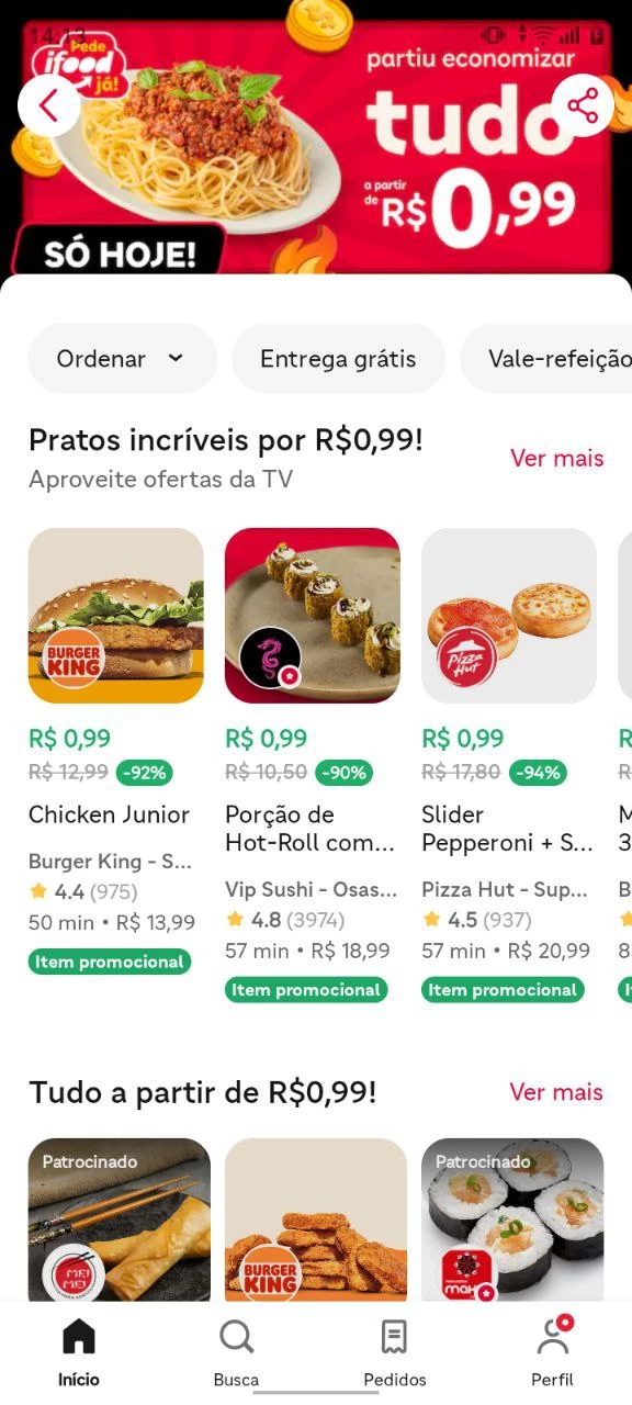 Ofertas do app com pratos a partir de R$0,99