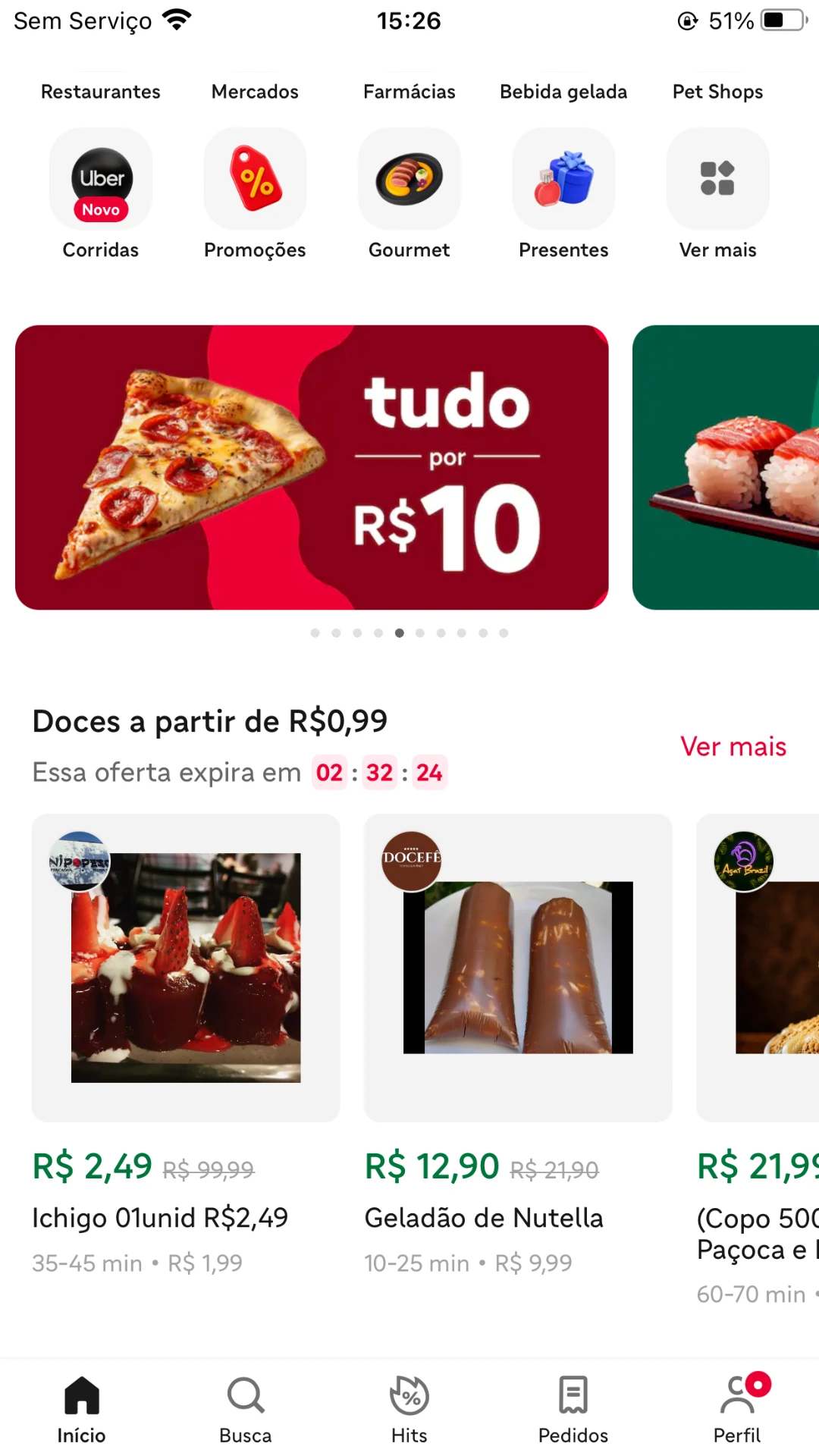 Tela do app com promoções: tudo por R$10 e doces a partir de R$0,99